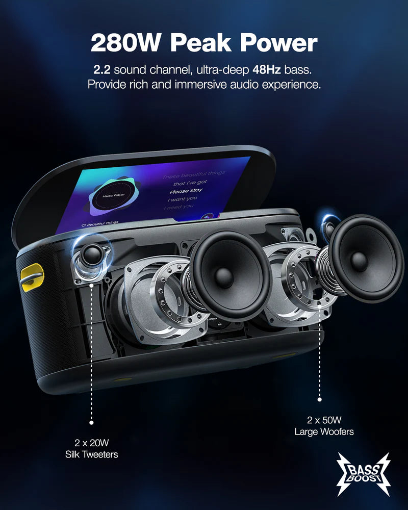 Machine audio sans fil portable Shell S1 Premium, deux woofers de 3,5 pouces et écran HD de 10,1 pouces