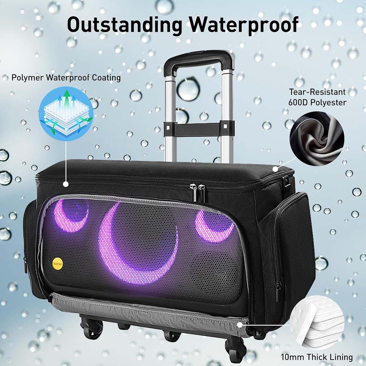 Ikarao rolling speaker bag with 10 mm thick padding and folding handba